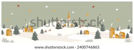 Panoramic vector illustration of winter snowy in green eathy background.The cute small village in Christmas day with snow.Merry Christmas and happy new year. 