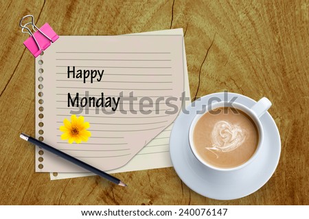 Happy Monday word and coffee cup on wooden background.