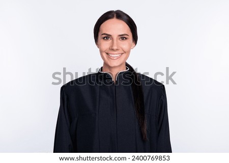 Photo of happy cheerful good mood positive smiling beautiful woman judge professional isolated on white color background