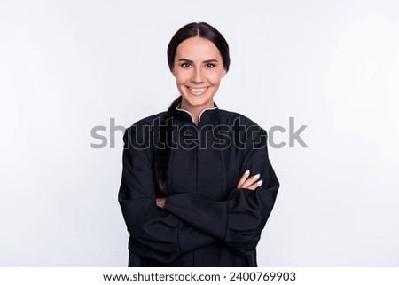 Photo of happy cheerful smiling lovely pretty judge woman with folded hands attorney isolated on white color background
