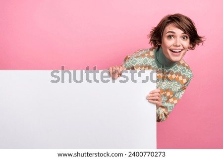 Photo of funny girl hiding holding hands billboard empty space banner surprise advertising promo discount isolated on pink color background Royalty-Free Stock Photo #2400770273