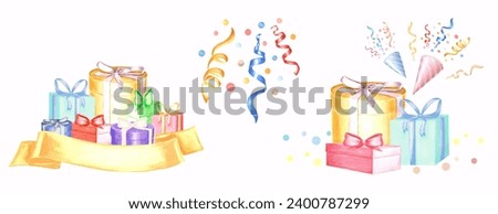 Watercolor set of holiday festive giftboxes with bows, banner, exploding party poppers, streamers and confetti. Template illustration of Happy birthday. Isolated clip art for greeting card, wrapper