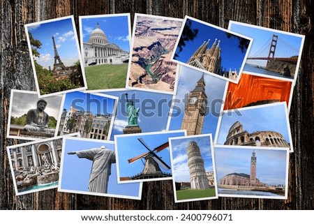 World travel collage. Travel destination photos. Travel around the world photo pile.