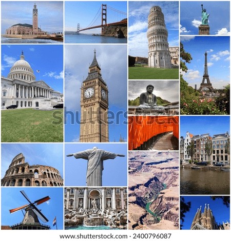 Travel destinations collage. World travel photos. Travel around the world photo postcard.
