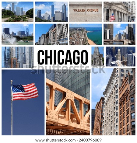 Chicago city photo collage. Landmark collage travel postcard from Chicago, Illinois.