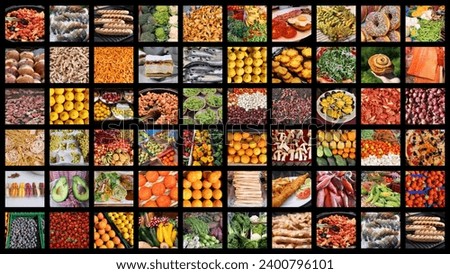 Collage of food photos. Picture collage with colorful collection of vegetables, fruits, donuts and fish.