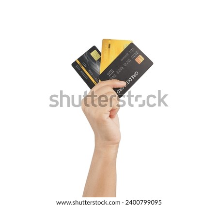 Hand holding many credit cards, clipping path.