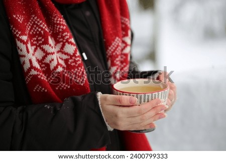 What can warm in the frozen? A mug of fragrant tea. The girl is holding a mug with hot tea. A very beautiful scarf with an ornament cozy complements the picture.
