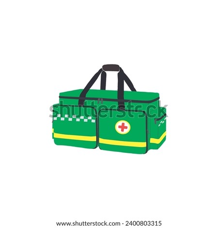 Green medical paramedic medic large bag pouches pocket zip straps first aid emergency responder life saving professional equipment supplies kit gear isolated vector illustration red cross rescue tools