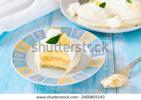 Delizia al Limone, Italian traditional lemon mini cakes, Lemon delight made without mold, authentic lemon delight dessert. Royalty-Free Stock Photo #2400805143
