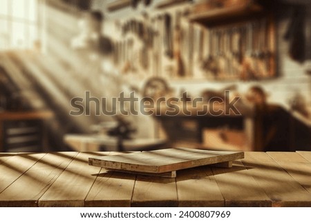 Wooden board with dark shadows and workshop interior. Natural sun light and empty space for your decoration.  Royalty-Free Stock Photo #2400807969