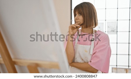 Confident beautiful young hispanic woman artist, thinking and looking at her painting, standing indoors at a vivid art studio, draped in an apron with paintbrushes in hand.