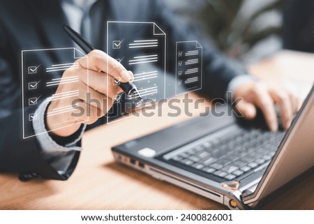 E-signing online contract, Digital electronic signature, document management, paperless business office. Businessman sign e document digital computer, release electronic pencil mobile technology