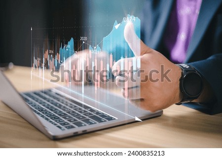 2024 business target goal finance technology and investment stock market trading concept. businessman holding tablet virtual graph icon analysing forex or crypto currency trading graph financial data.
