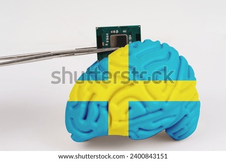 On a white background, a model of the brain with a picture of a flag - Sweden, a microcircuit, a processor, is implanted into it. Close-up