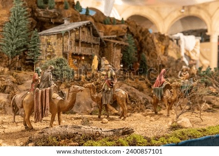 Figurines from a nativity scene displayed in the historic center of Palma de Mallorca, Spain. Catholic Christian Christmas image