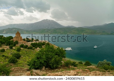 View of the Historical Church, Lake Van, and Süphan Mountain in the background from Akdamar Island.