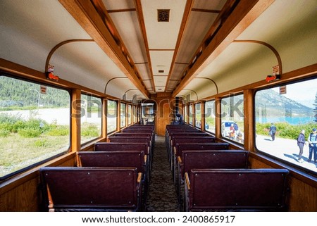 Interior of a car of the White Pass and Yukon Route railroad that takes tourists from Skagway, Alaska to the Canadian border Royalty-Free Stock Photo #2400865917