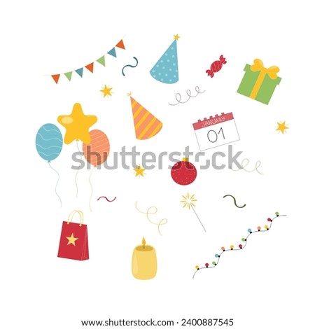Set of New Year party elements. Baloons, party hats, gift box, candle, gift bag, garlands, balls, calendar, candy. Doodle, cartoon, flat style. Vector illustration, clip art.