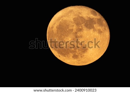 Moon of the month of August, the moon looks orange and you can see the craters. Photography taken with a telescope. The place where the Russians, Americans and Indians want to land on the moon soon 