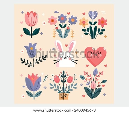Celebrate the beauty of spring with a charming illustration featuring flowers, bunnies, and hearts. This delightful design captures the essence of the season