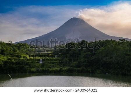 Mountain landscape, lake and mountain range, large panorama, Merapi, Yogyakarta, Indonesia