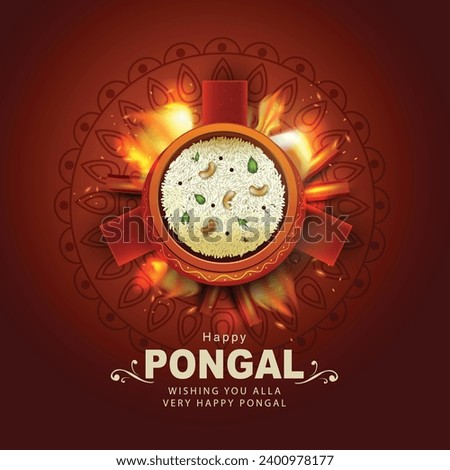 South Indian harvesting festival, Happy Pongal celebrations greetings with Pongal elements, banana leaf with pongal food. vector illustration design Royalty-Free Stock Photo #2400978177