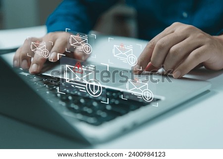 Alert email inbox notification in computer technology laptops and digital concepts warnings and scam information and networks. Internet safety online web security and virus protection are cyberspace