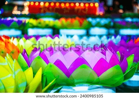 Beautiful kratong Made of foam is floating on the water for Loy Kratong Festival or Thai New Year and river goddess worship ceremony,the full moon of the 12th month Be famous festival of Thailand.
