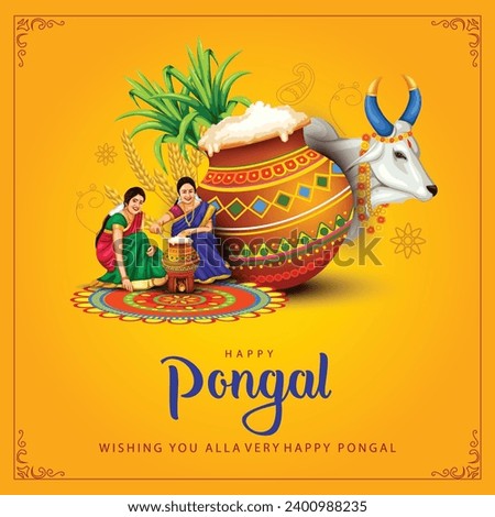 new illustration of Happy Pongal Holiday Harvest Festival of Tamil Nadu woman's making Pongal. vector background design Royalty-Free Stock Photo #2400988235