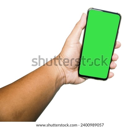 Hand holding a smartphone on a white background