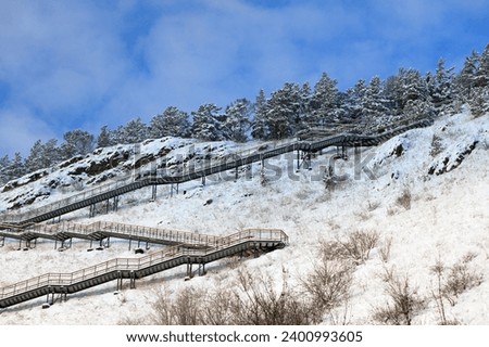 Walking staircase on a snowy hillside in sunny winter day at Krasnoyarsk, Russia. Empty long staircase against snowy pine trees and blue sky.