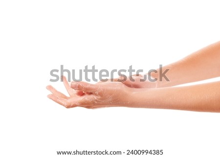 Health, soap and closeup of washing hands in studio for hygiene, wellness or selfcare. Grooming, cosmetic and zoom of person or model clean skin to prevent germs, bacteria or dirt by white background Royalty-Free Stock Photo #2400994385