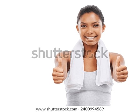 Fitness, thumbs up and woman in portrait for training success, workout achievement and winning hands in studio. Happy model and yes, OK and happy workout results or like emoji on a white background