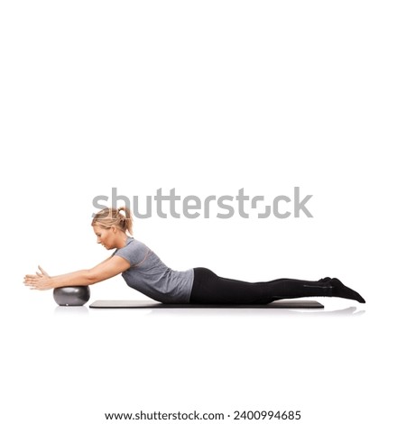 Woman, exercise ball and stretching on yoga mat or workout performance, pilates wellness or white background. Female person, gym equipment and fitness in studio for mockup space, challenge or balance