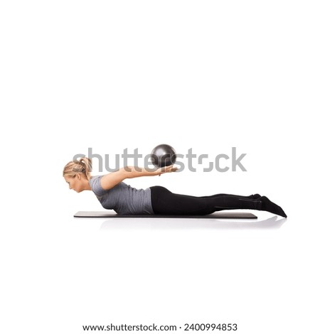 Workout arms, pilates or woman on ball in exercise, stretching or body health isolated on a white studio background mockup space. Flexible, mat or person on equipment for balance, training or fitness
