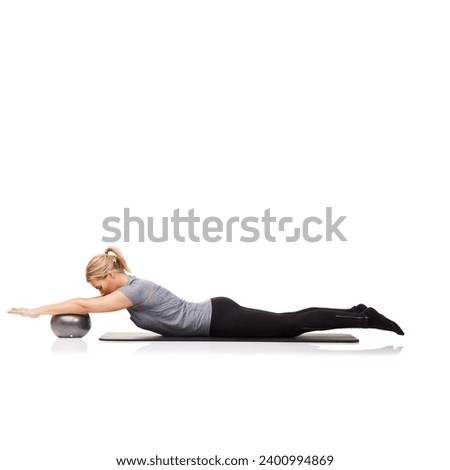 Stretching, yoga exercise or woman on ball in workout, training or body health isolated on a white studio background mockup space. Flexible, mat or person on equipment for balance, pilates or fitness