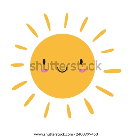 Sun. Yellow icon and smile face on white background. Vector illustration.