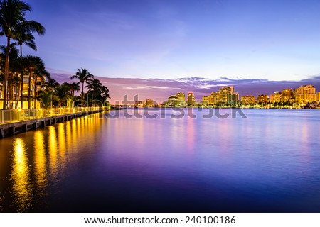 West Palm Beach Florida, USA cityscape on the Intracoastal Waterway. Royalty-Free Stock Photo #240100186