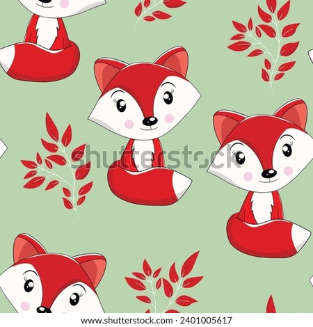 Seamless pattern with cute fox baby on color background. Funny forest animals. Card, postcards for kids. Flat vector illustration for fabric, textile, wallpaper, poster, paper.