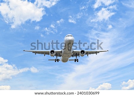 Passenger plane landing at the airport, under a blue sky with white clouds Royalty-Free Stock Photo #2401030699