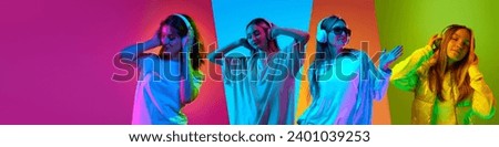 Collage made of different young girl listening to music in headphones over multicolored background in neon light. Concept of diversity, emotions, lifestyle, youth culture, fun and joy
