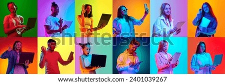 Collage made of portraits of different people emotionally looking on gadgets over multicolored background in neon light. News, sales, communication. Concept of diversity, emotions, lifestyle