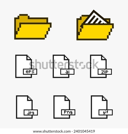 Folder and file icon pixel art, set of pixel icon file folders web 8bit style.
