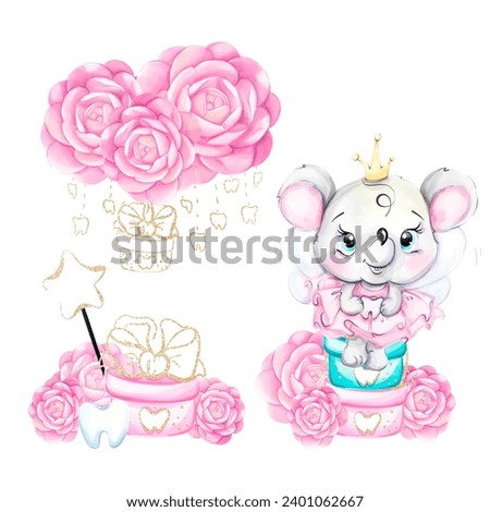 Watercolor set, clip art fairy tooth with gifts. Princess mouse with roses. Medical dental illustration for kids. First teeth
