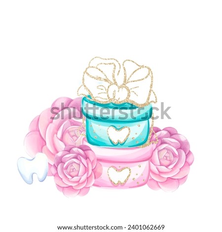 Watercolor gifts from fairy tooth. Congratulation first teeth. Dental clip art.