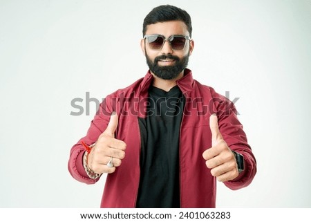 Handsome man in stylish jacket on white background