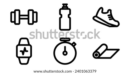 Fitness Icons.  Vector Graphics Featuring Designs of dumbbell, yoga mat, stopwatch, water bottle, running shoes, fitness tracker. Icon Set in Bold Style