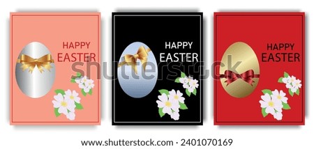 A set of greeting Easter posters, with gold and silver eggs, decorated with a chic bow on stylish backgrounds. Easter concept. Vector illustration.