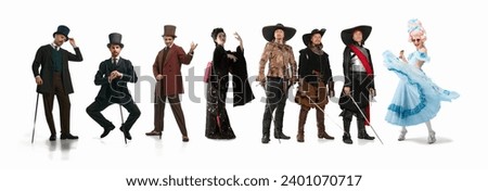Collage made of different people wearing costumes of gentlemen, knights and warrior, geisha and medieval princess or queen over white background. Concept of historical remake, comparison of eras